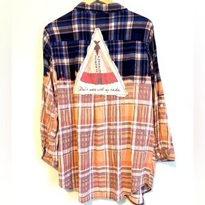 Boho Jane “Don’t Mess With My Tribe” Dyed Plaid Button Down Shirt L